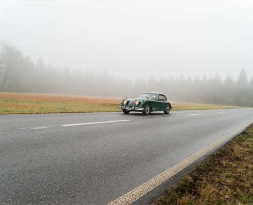 Ein Jaguar XK 150 in grün fährt auf einer Landstrasse durch den Nebel. Im Hintergrund erkennt man Wiese und Wald.