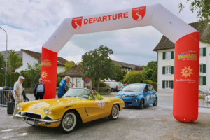Corvette drives through archway upon arrival in Thalwil at the 2019 Wave Trophy