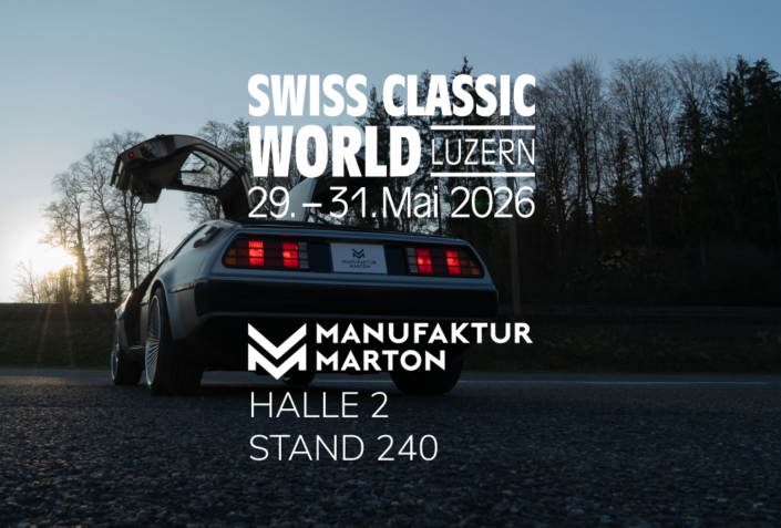 manufakturmarton_scw2026 Bild mit Heckansicht des DeLoreans in Abendstimmung. Darüber folgender Text: Swiss Classic World Luzern, 29.-31. Mai 2026 Logo der Manufaktur Marton. Halle 2, Stand 240